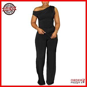 Sexy Off Shoulder Ruched Crop Top Wide Leg Pant Set Clubwear